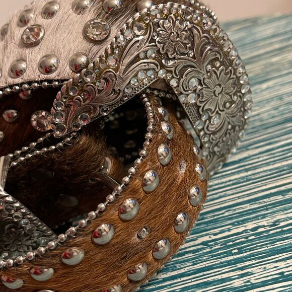 Nocona Women’s Leather/Calf Hair Rhinestone/Studs Western/Cowgirl Belt Size - Picture 13 of 14